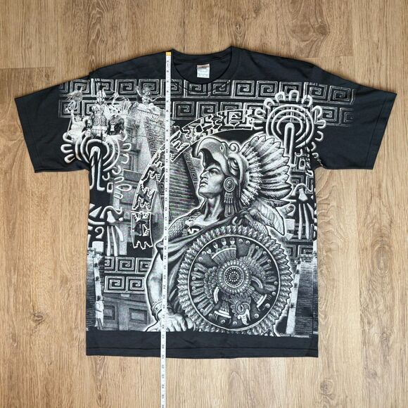 Yazbek Aztec Warrior Graphic T-Shirt Black White XXL Mexico All Over Print - Picture 5 of 5